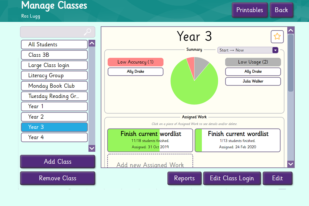 Manage Classes Summary Page