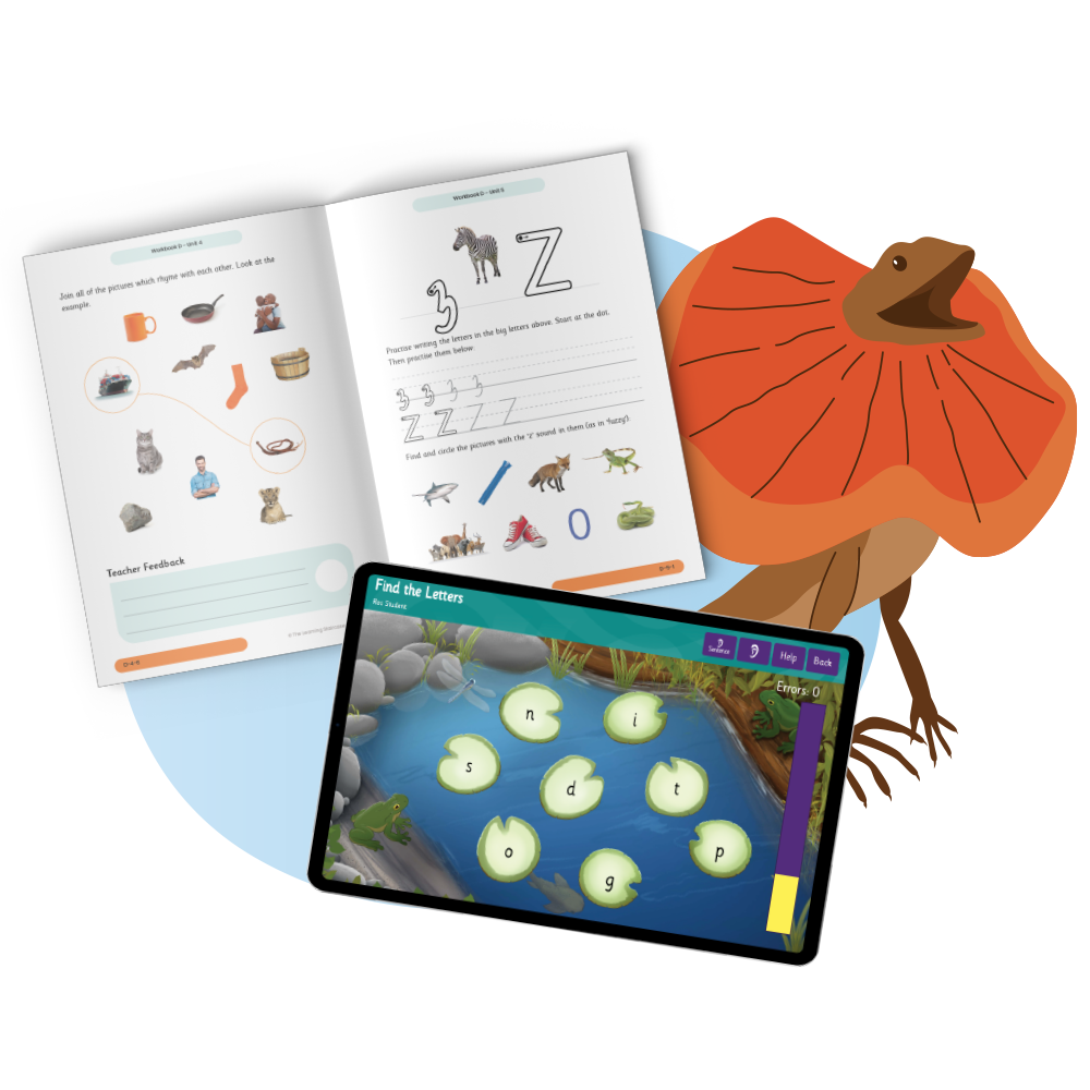 Literacy workbook and online activity with a frill-neck lizard