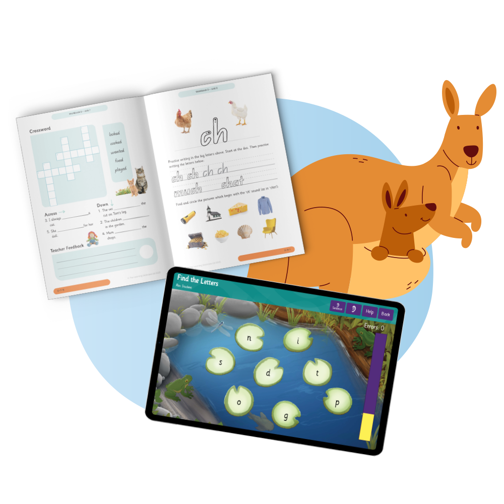 happy kangaroo with literacy workbook and online activity